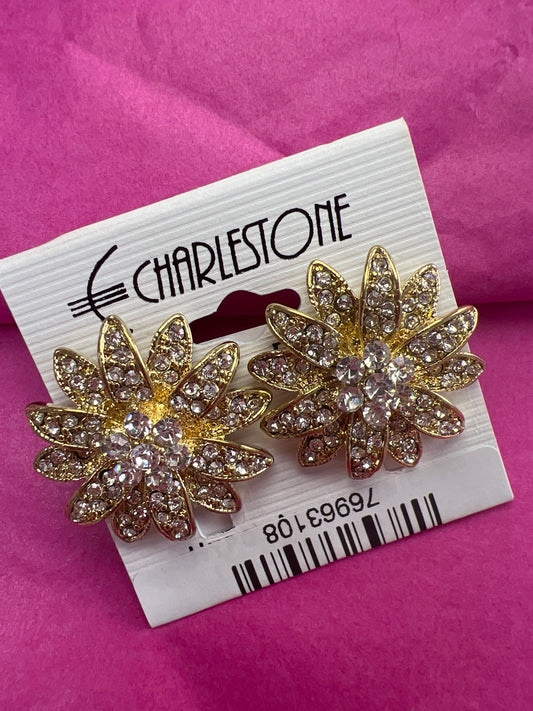 Gold Crystal Rhinestone Flower Shape Clip Earrings-24300c200
