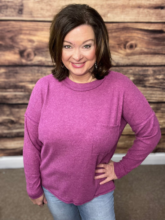 Ribbed Brush Melange Hacci Sweater with a Pocket, Lt Plum