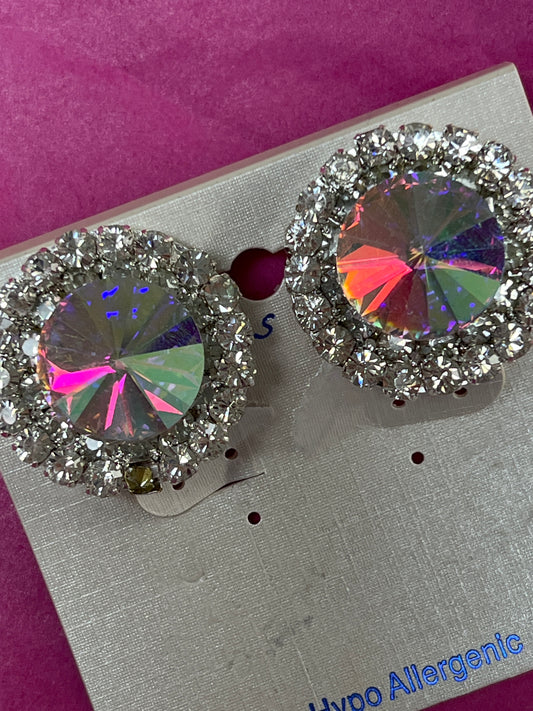 Silver Round Clip Earring with Aurora Borealis Rhinestone-20017C101
