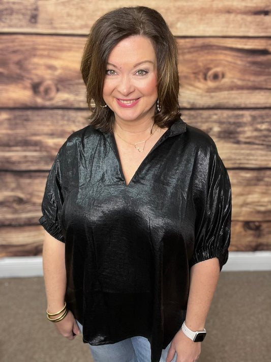 Metallic V-band Dolman Sleeve Top-Black