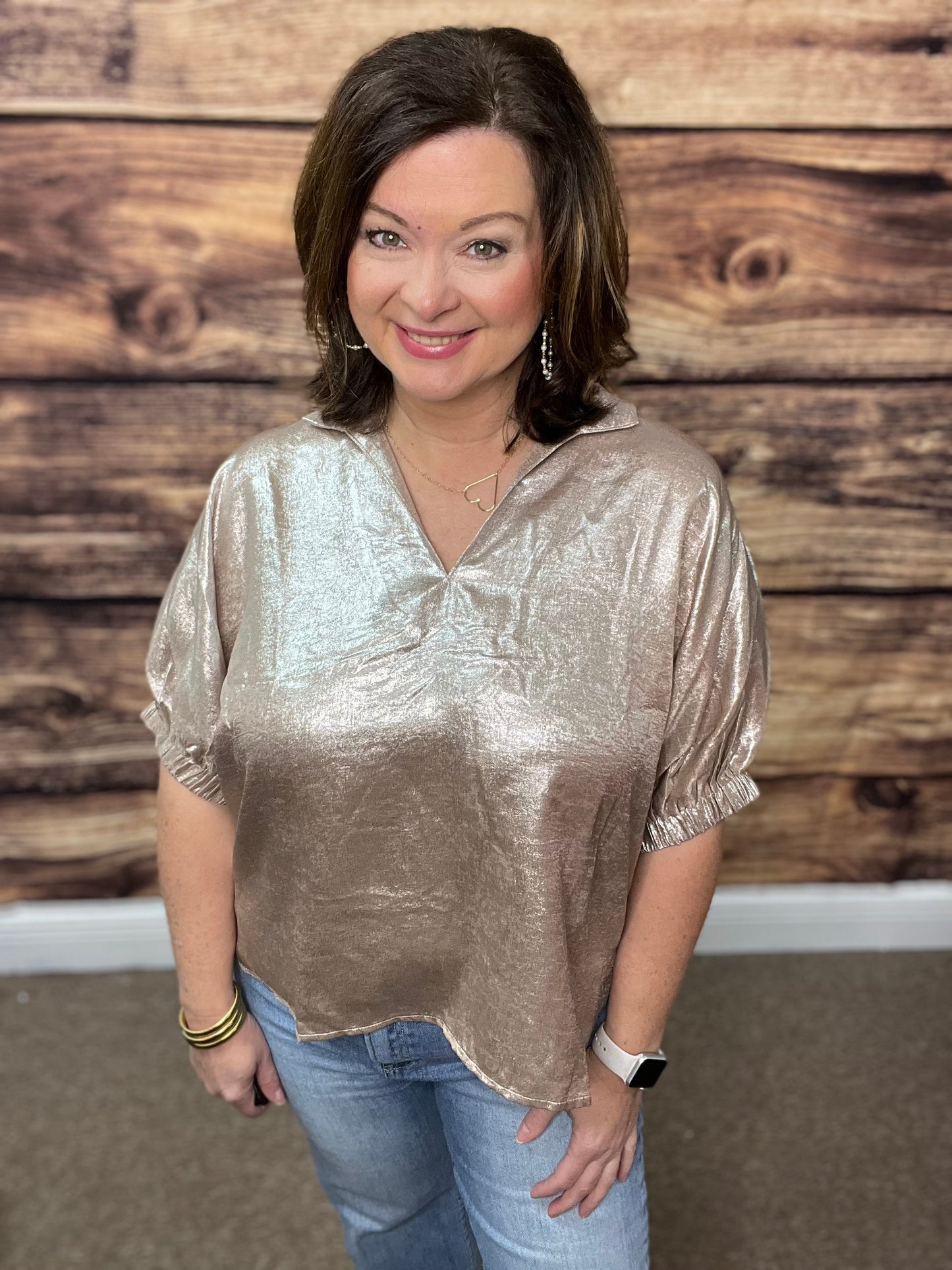 Metallic V-band dolman sleeve top-Champagne