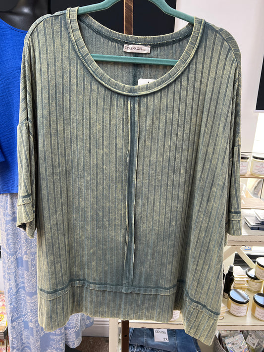 Ribbed Drop Shoulder Half Sleeve Top, Ash Jade