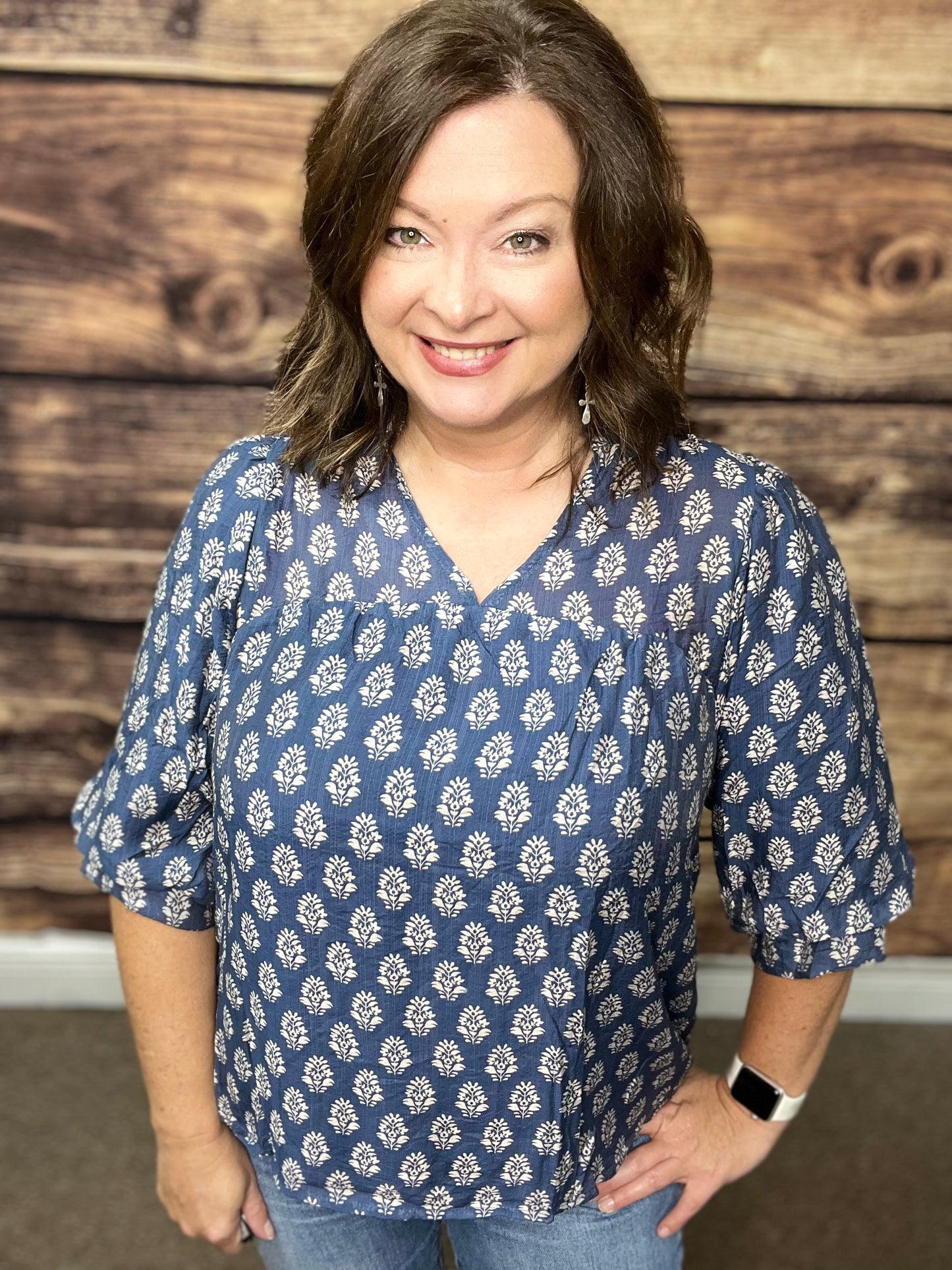 Floral Print V-Split Blouse, Blue/Cream