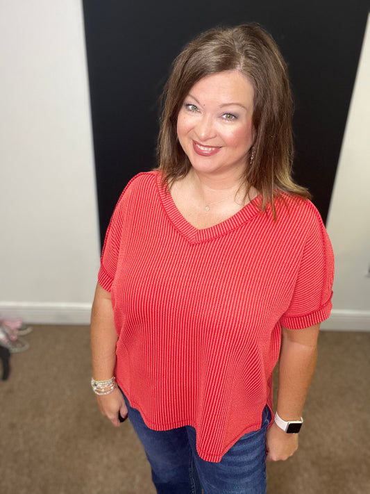 Ribbed Short Sleeve V-Neck Top, Ruby