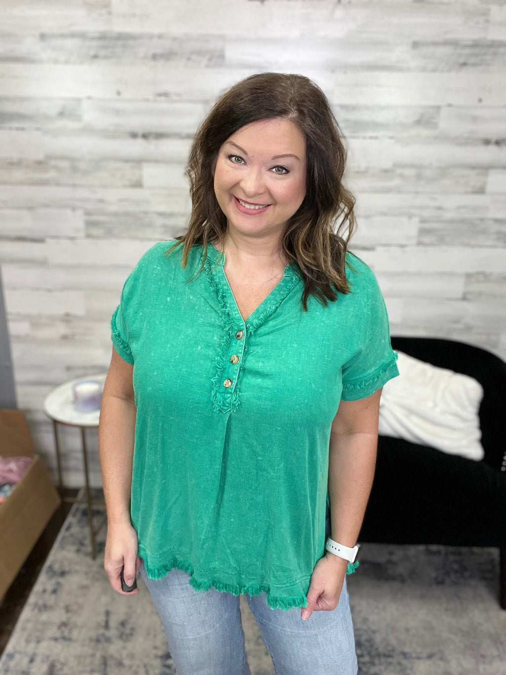 Linen Button Top, Green