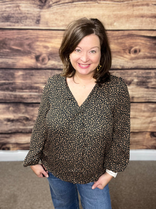 Tucked V-Neck Leopard Print Woven Blouse