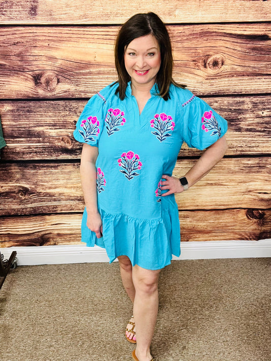 The Boho Bloom Embroidered Mini Dress
