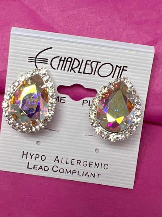 Silver Rhinestone Wrap Clip Earrings with Aurora Teardrop- 20145C101