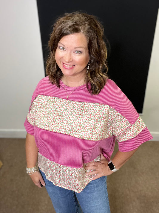 Ribbed Floral Color block Top, Fuchsia