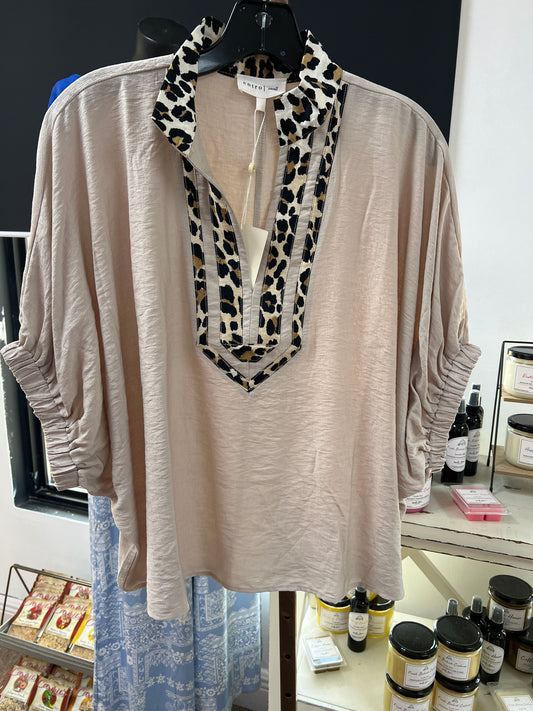 Dolman Sleeve Top with Leopard Accent, Taupe