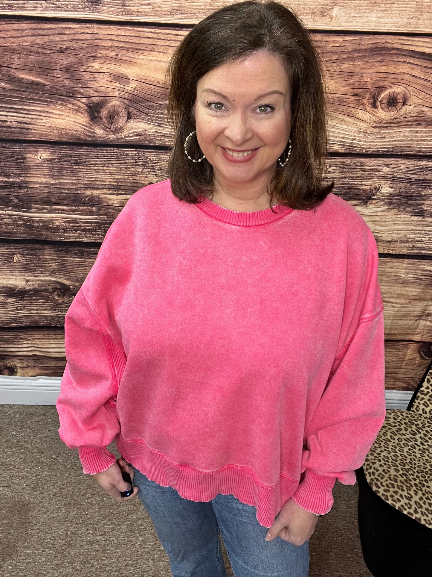 Acid Wash Fleece Oversized Pullover, Fuchsia