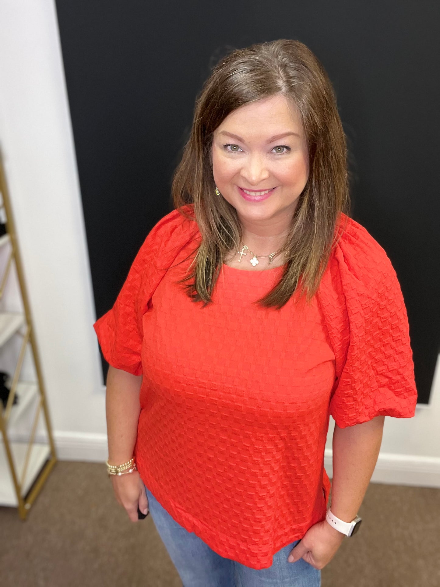 Jacquard Round Neck Top, Red