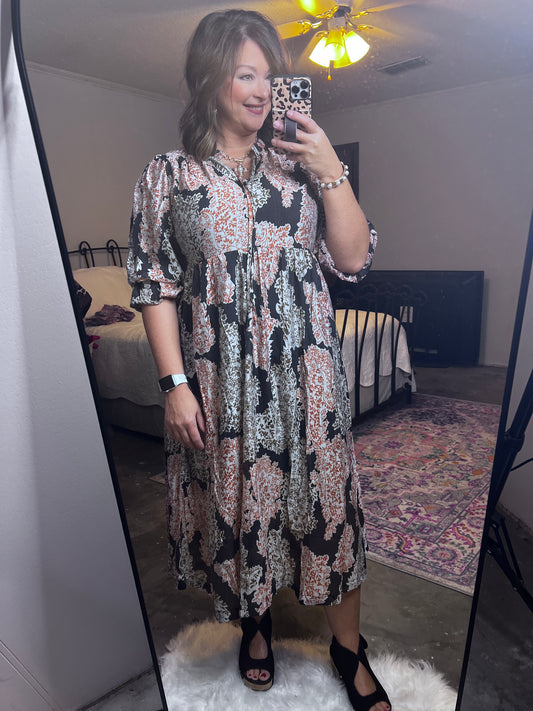 Paisley Print Midi Dress with Ruffle Sleeves, Black