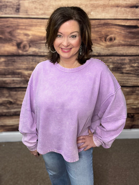 Acid Washed Double Ribbed Exposed Seam Cropped Pullover, Lavender