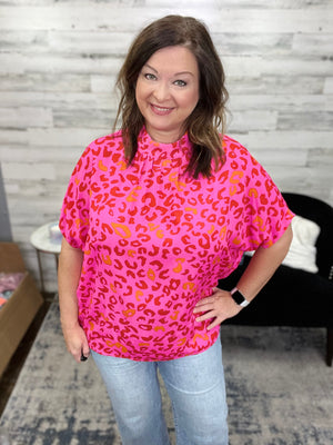 Leopard Print Mock Neck Top, Hot Pink