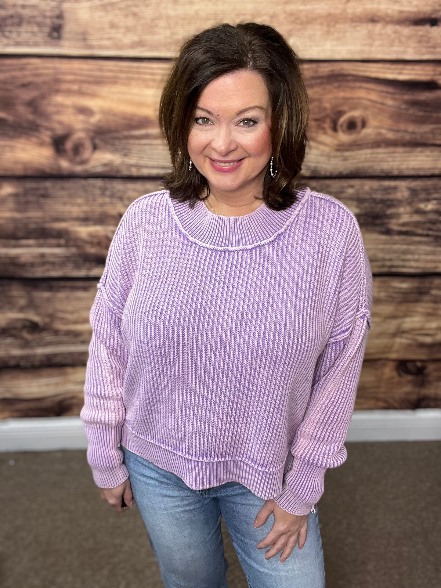 Washed Side Slit Oversized Cropped Sweater,Lavender