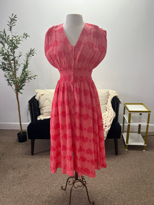 Smocked Waist Heart Print Midi Dress, Coral