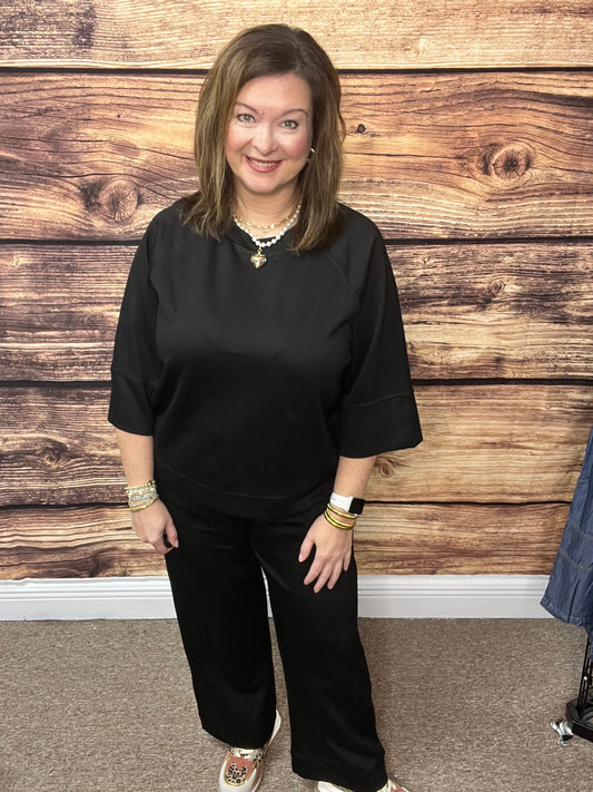 3/4 Sleeve Drop Shoulder Top, Black