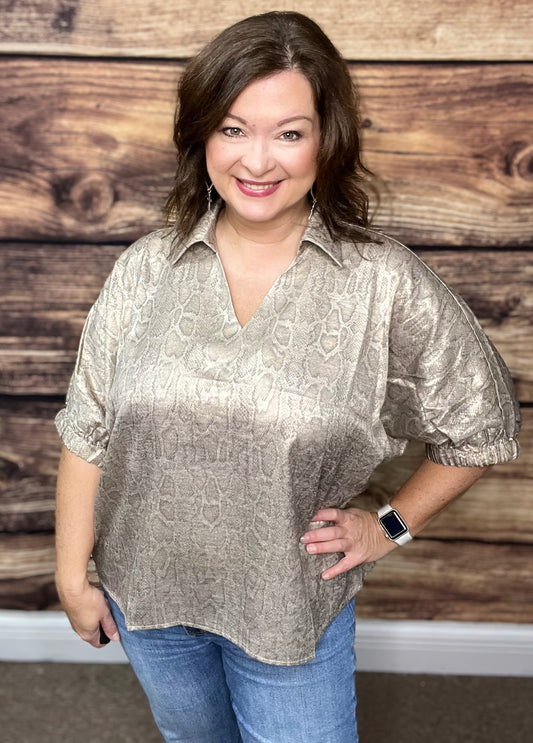 Snake Print Dolman Sleeve Top, Pearl
