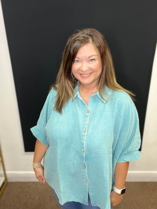 Button Down Gauze Shirt, Dusty Teal