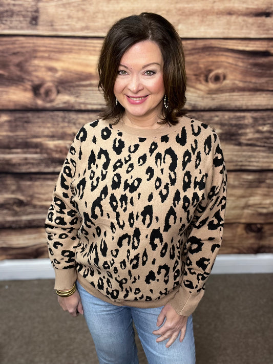 Leopard Jacquard Oversized Sweater Knit Top, Taupe
