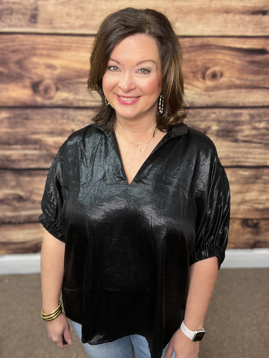 Metallic V-band Dolman Sleeve Top-Black