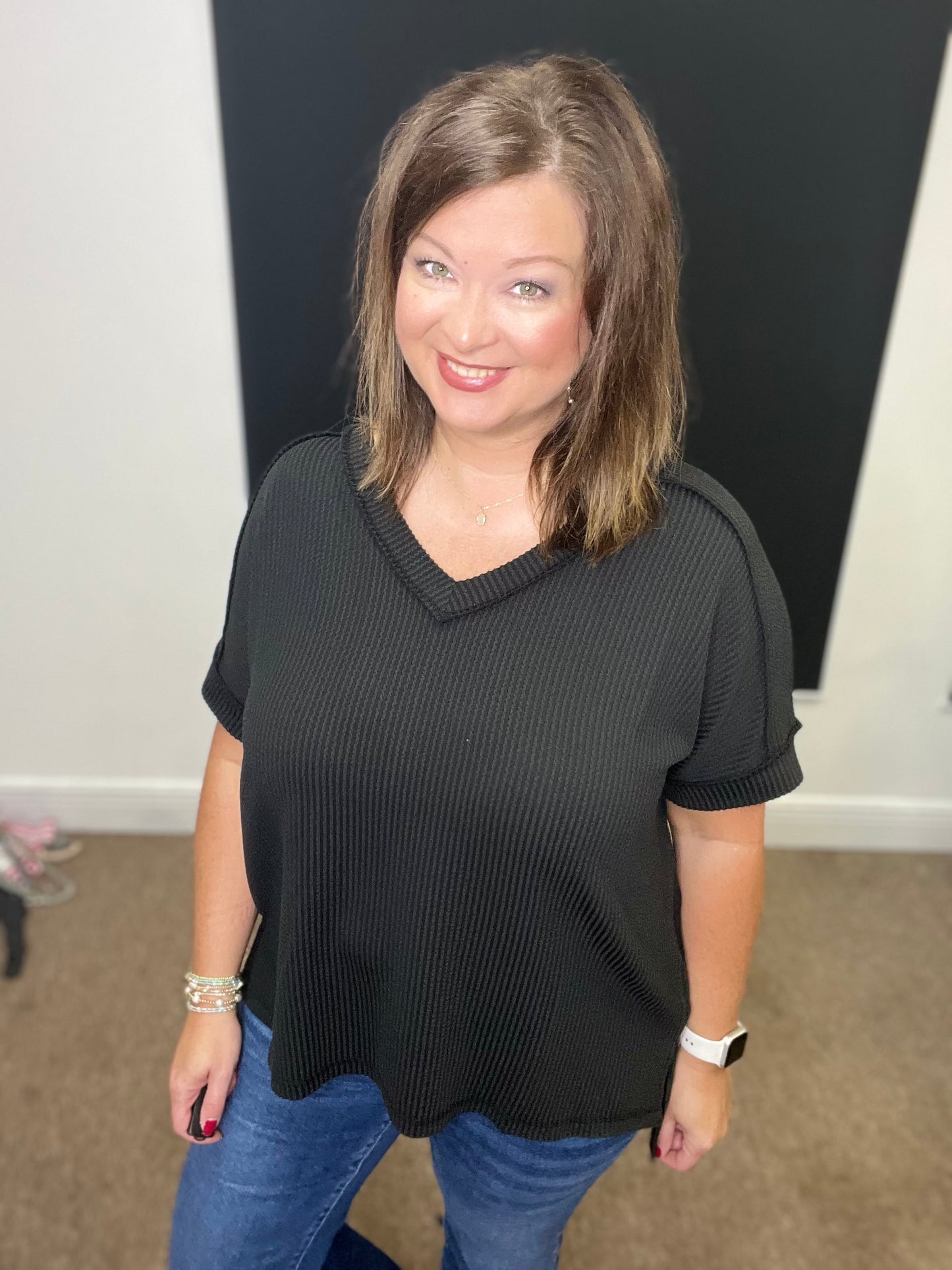 Ribbed Short Sleeve V-Neck Top, Black