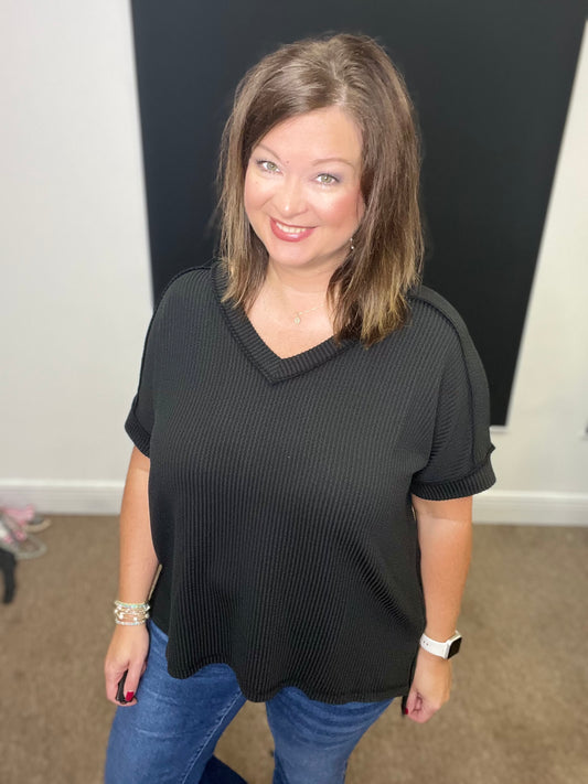 Ribbed Short Sleeve V-Neck Top, Black