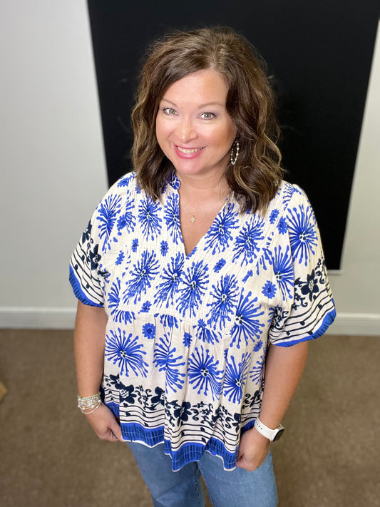 Mixed Border Print Top, Blue