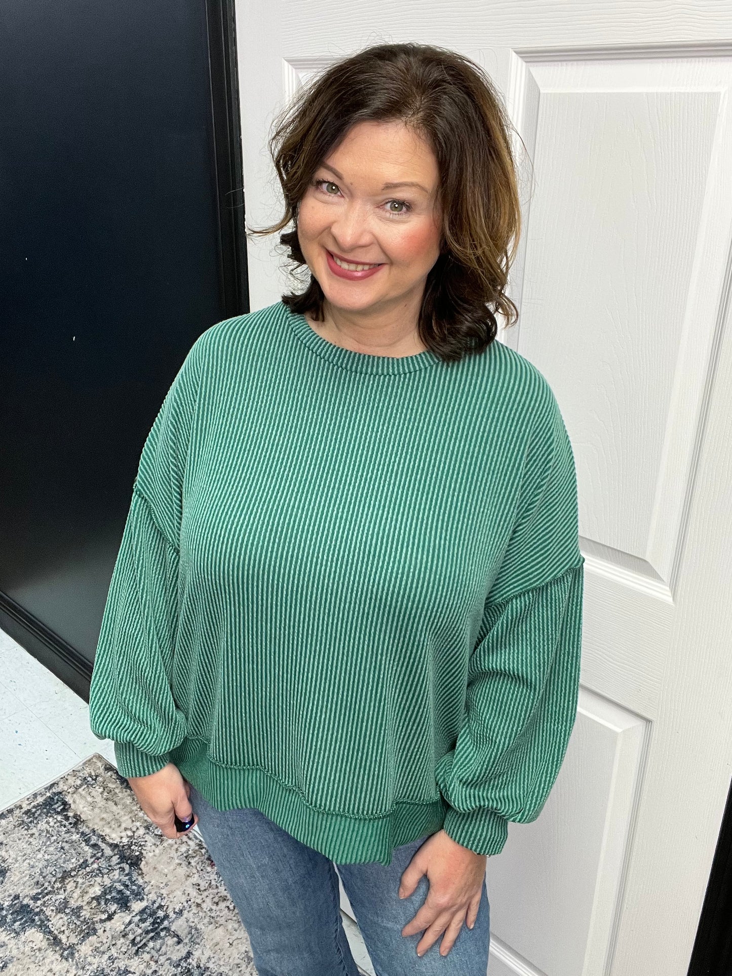 Drop Shoulder Wavy Rib Solid Knit Sweater Top, Hunter Green