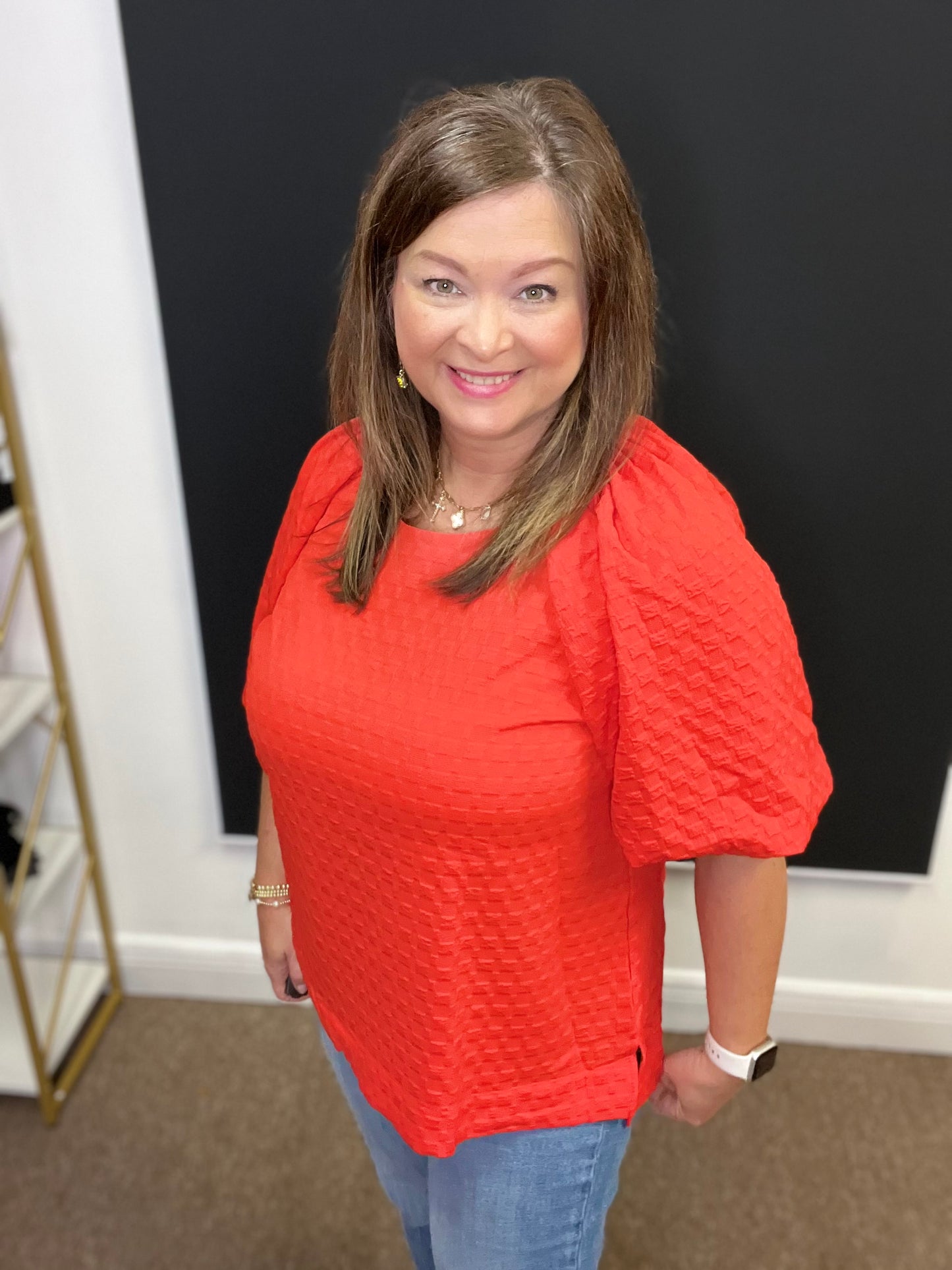 Jacquard Round Neck Top, Red