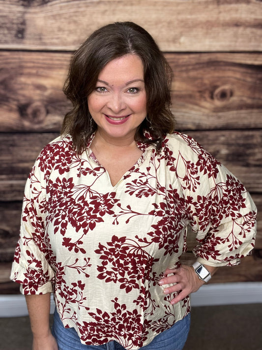 Cherry Blossom Print Scalloped Hem Blouse, Garnet