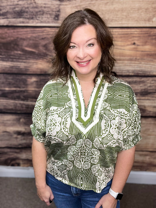 Multi Pattern Dolman Sleeve Top, Olive