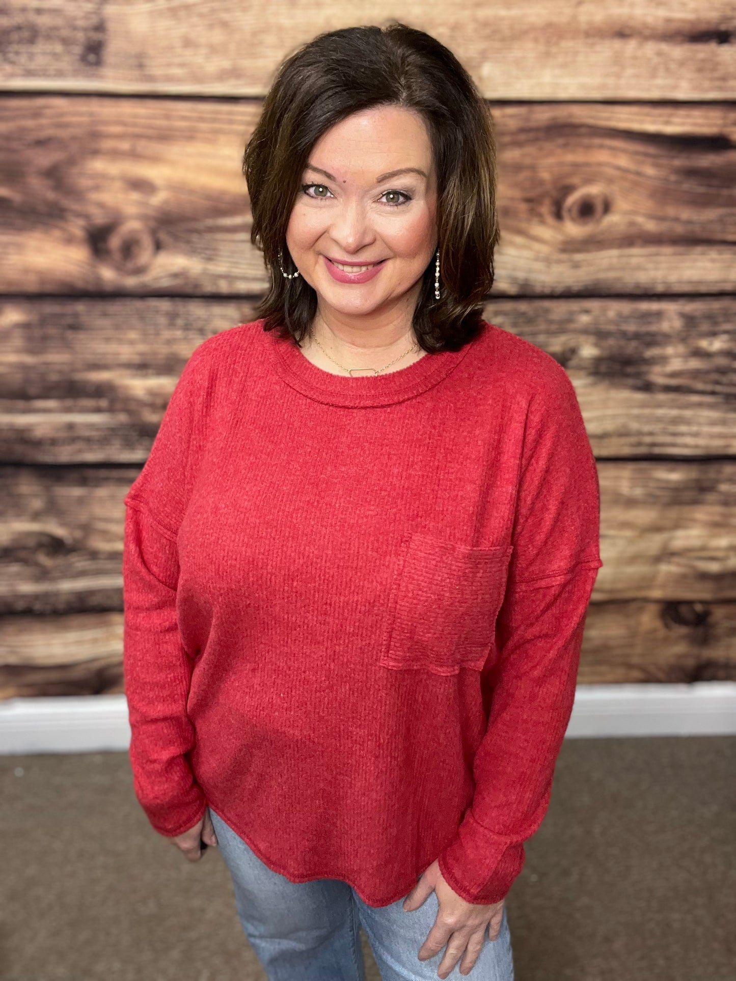 Plus Ribbed Brushed Melange Hacci Sweater with a Pocket, Dark Red