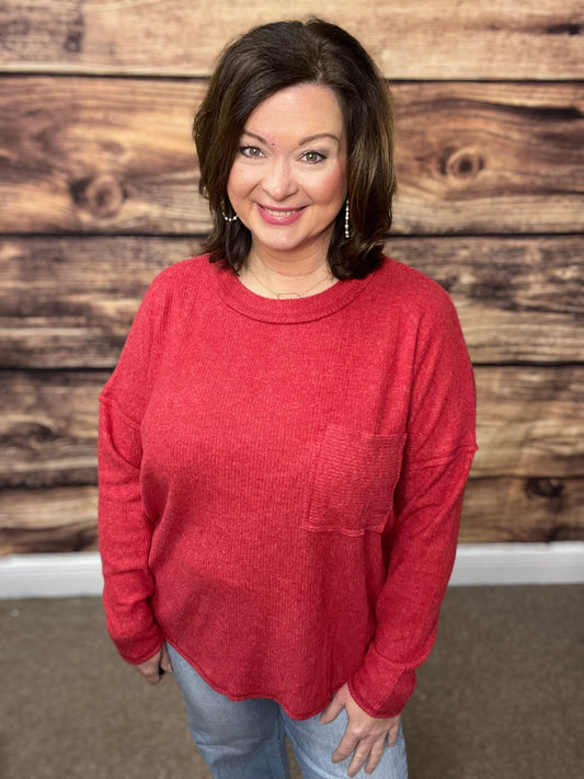 Ribbed Brush Melange Hacci Sweater with a Pocket, Dark Red