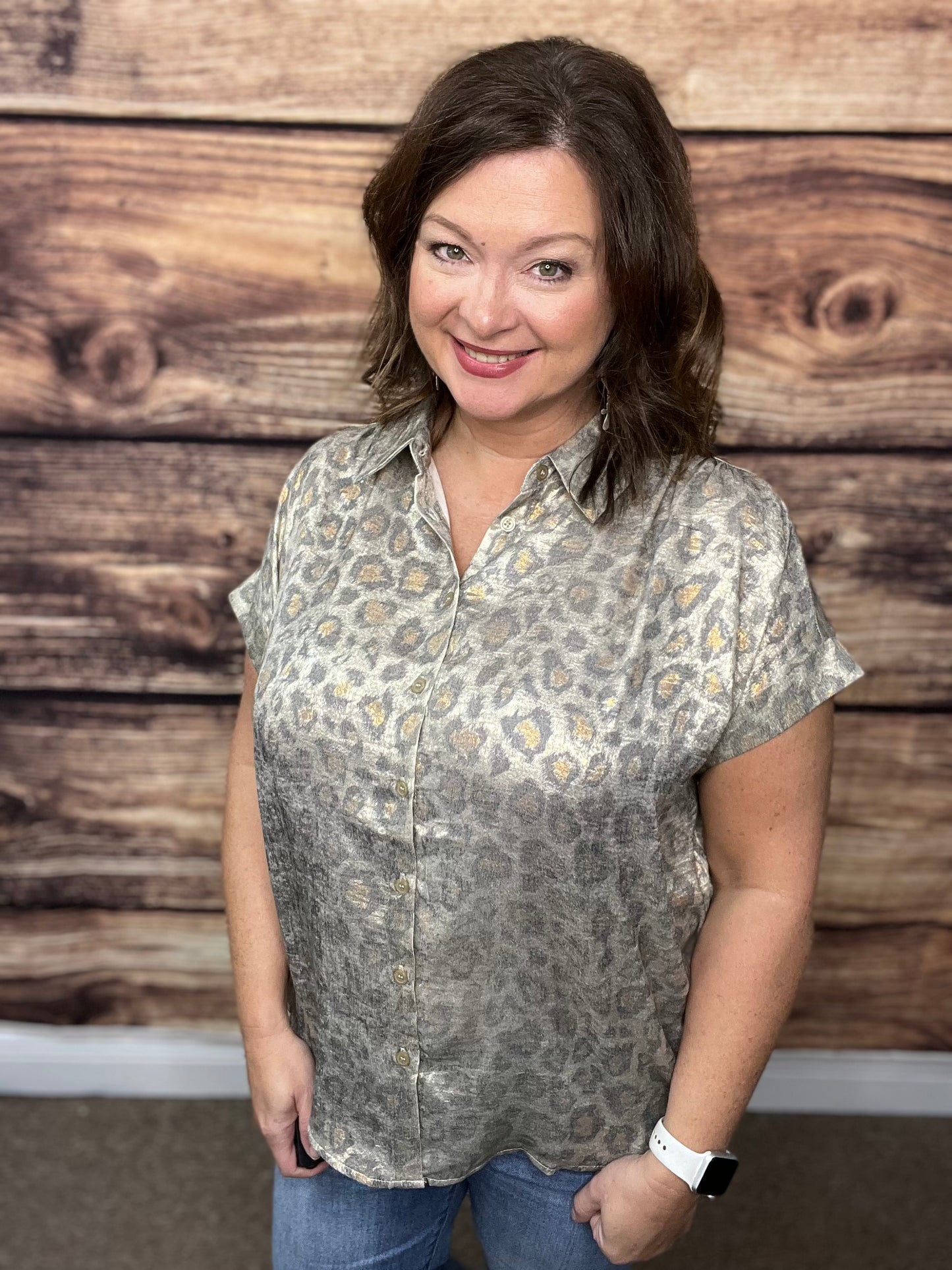 Metallic Leopard Print Top, Taupe