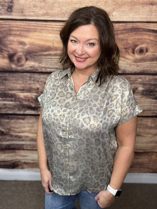 Metallic Leopard Print Top, Taupe