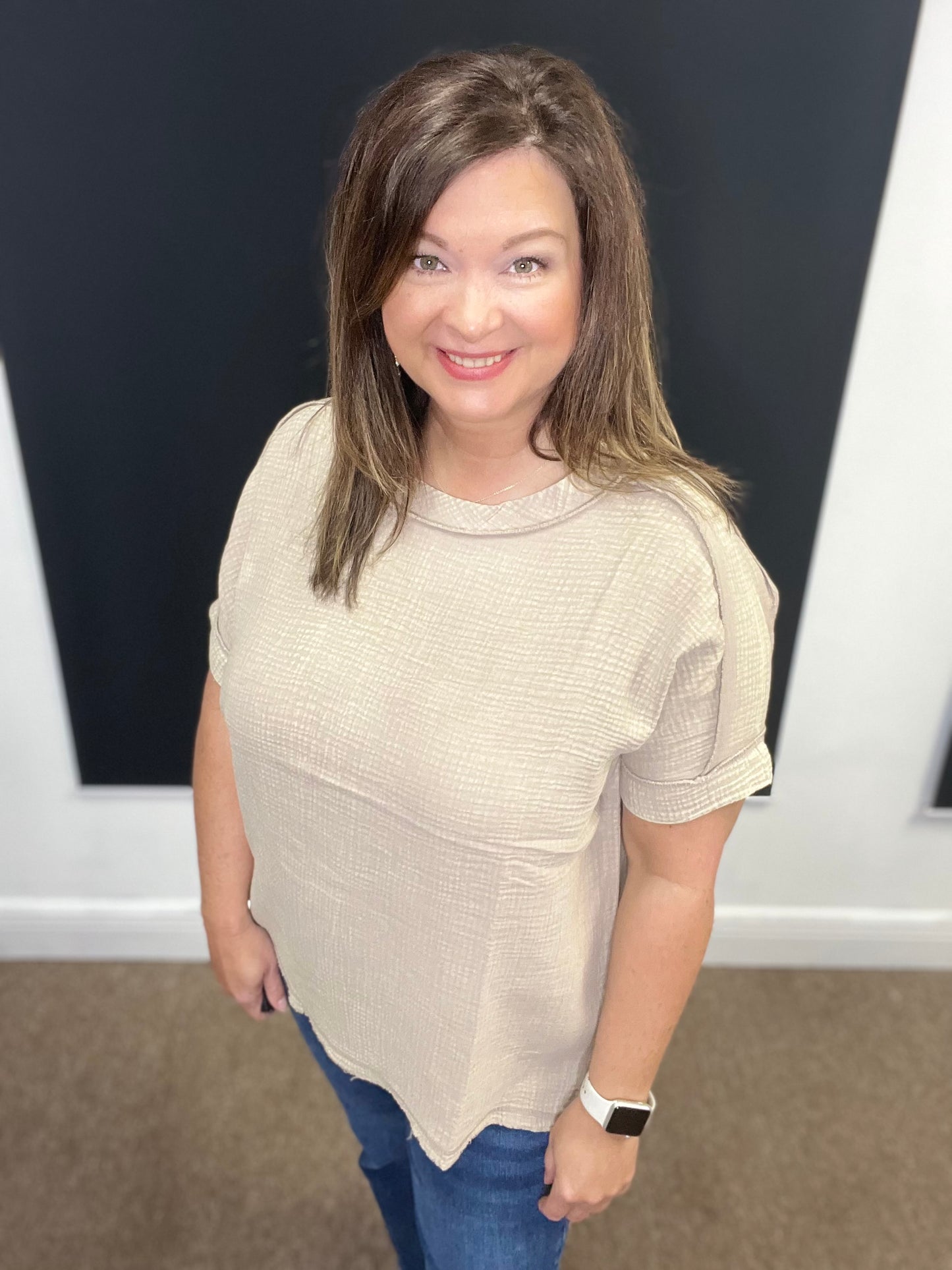 Acid Washed Double Gauze Round Neck Top, Ash Mocha