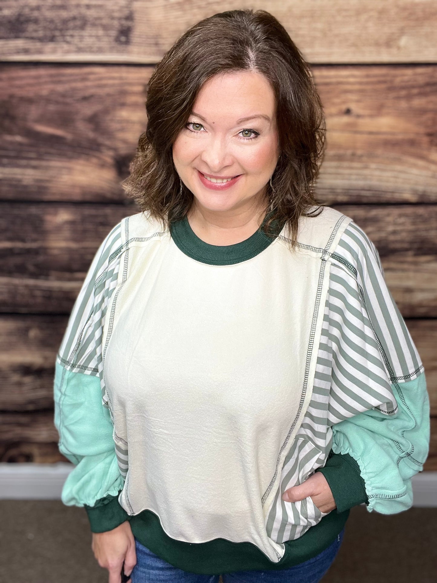 Cozy Fleece Color Block Sweatshirt with Striped Sleeves