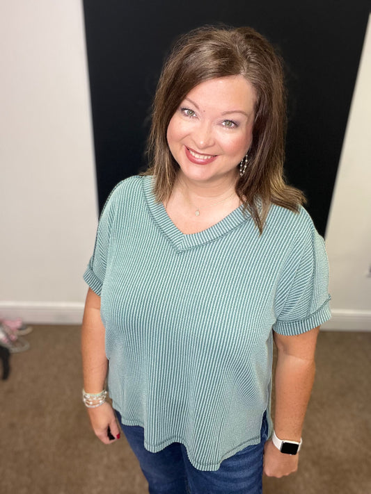 Ribbed Short Sleeve V-Neck Top, Jade