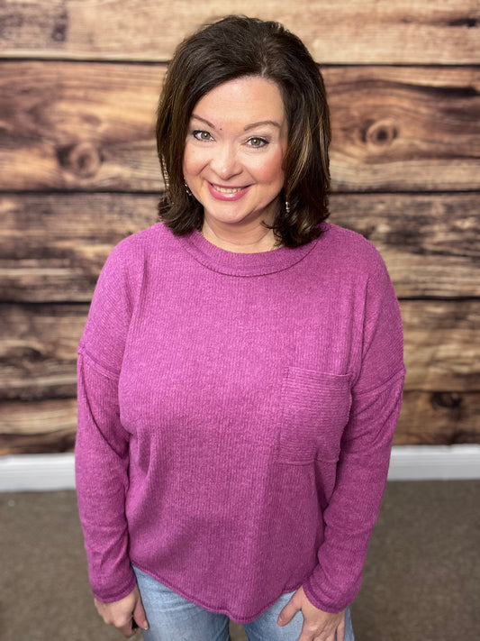 Ribbed Brush Melange Hacci Sweater with a Pocket, Lt Plum