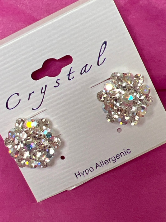 Silver Aurora Borealis Rhinestone Flower Clip Earrings-20066C101