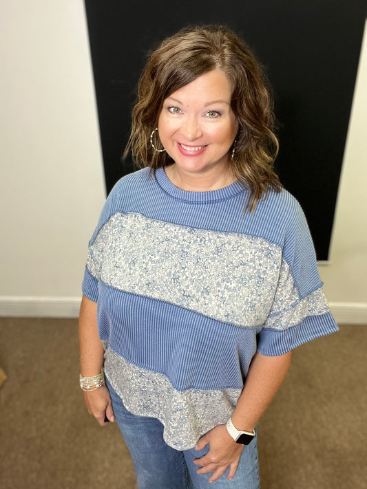 Ribbed Floral Color block Top, Vintage Denim
