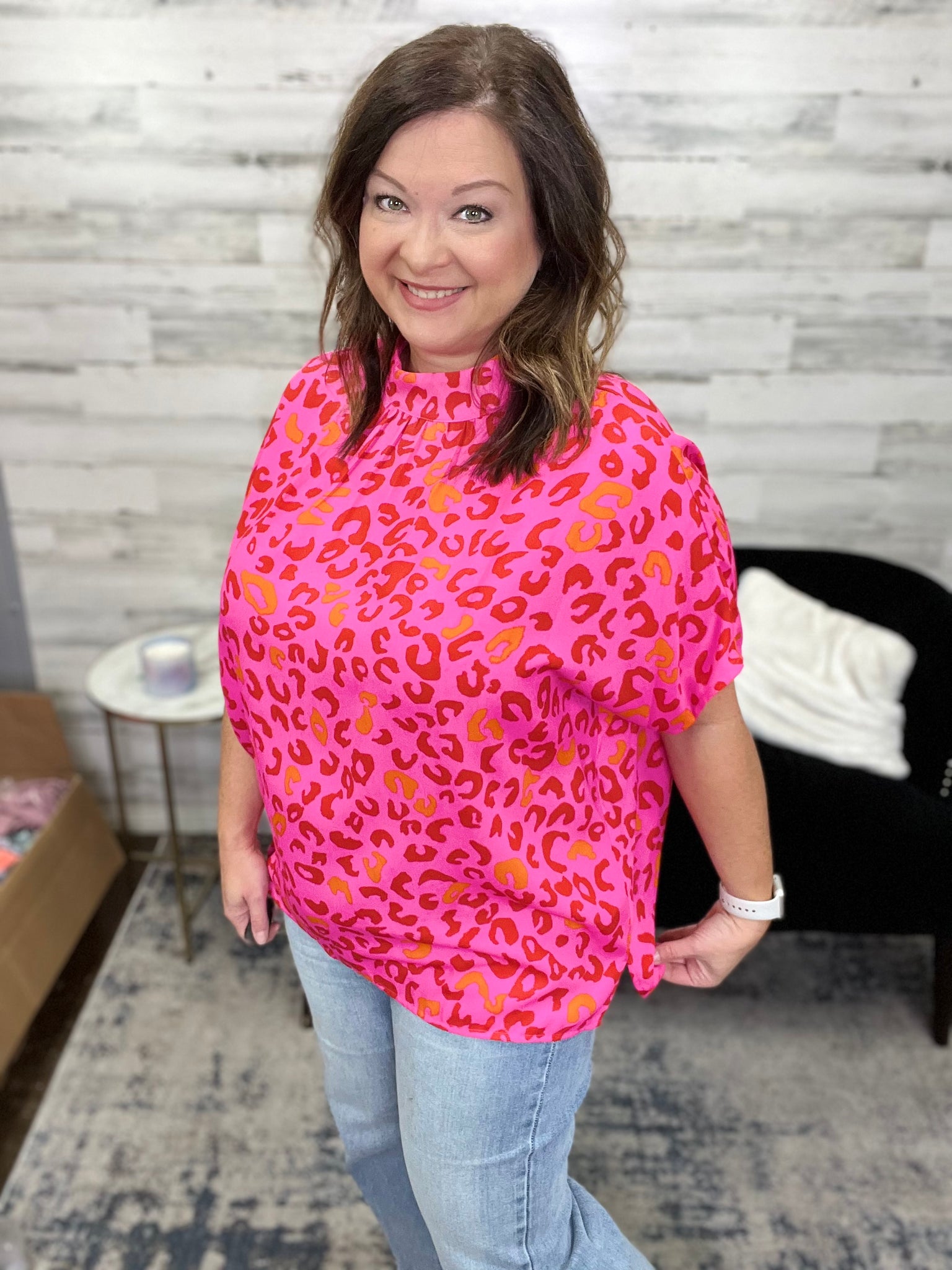 Leopard Print Mock Neck Top, Hot Pink