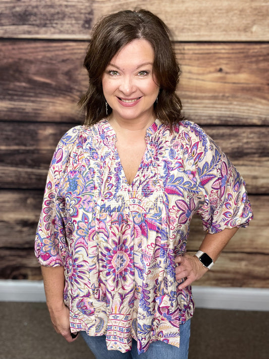 Floral Paisley Boho Top, Blue