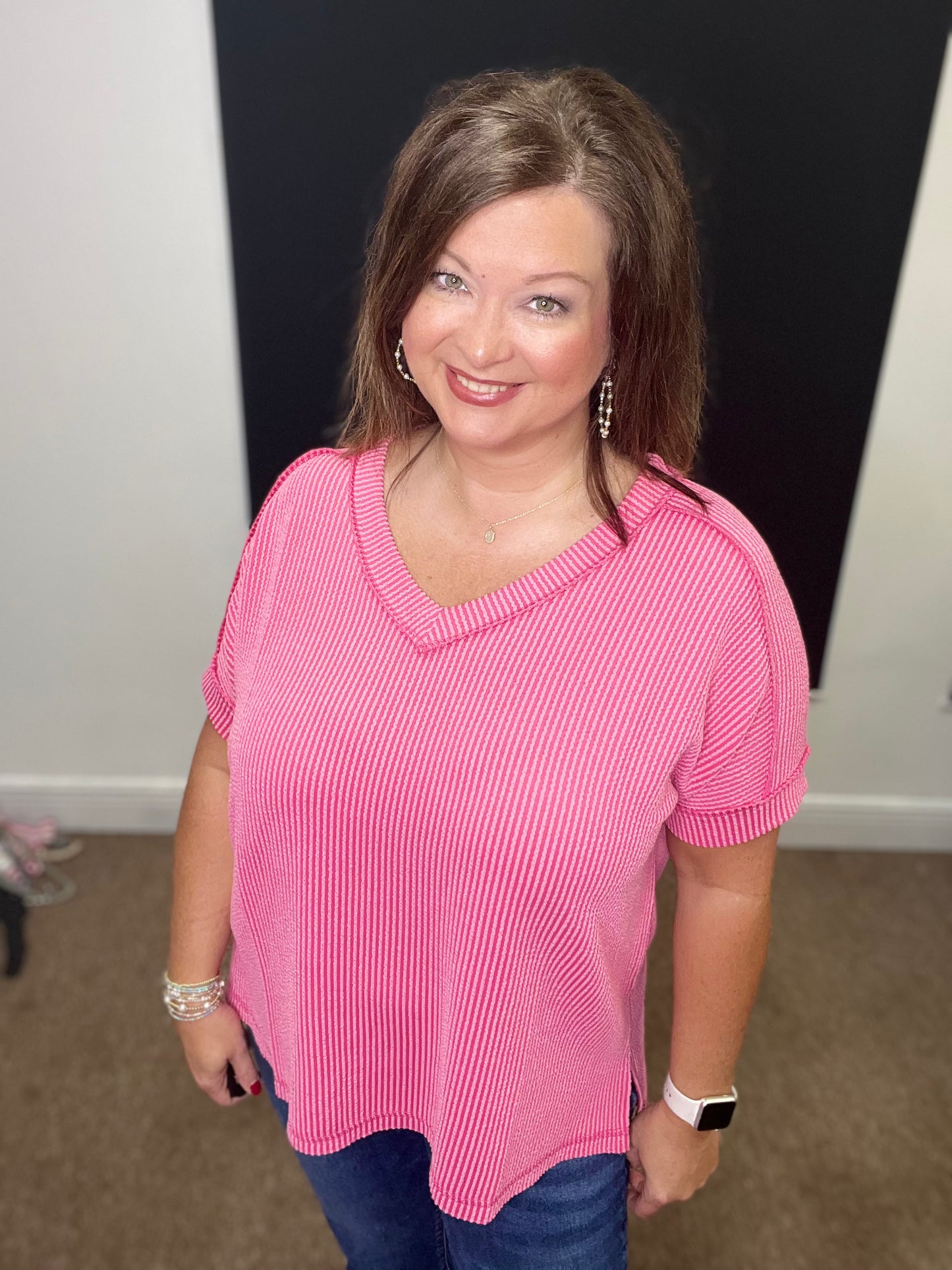 Ribbed Short Sleeve V-Neck Top, Fuchsia