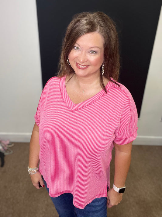 Ribbed Short Sleeve V-Neck Top, Fuchsia
