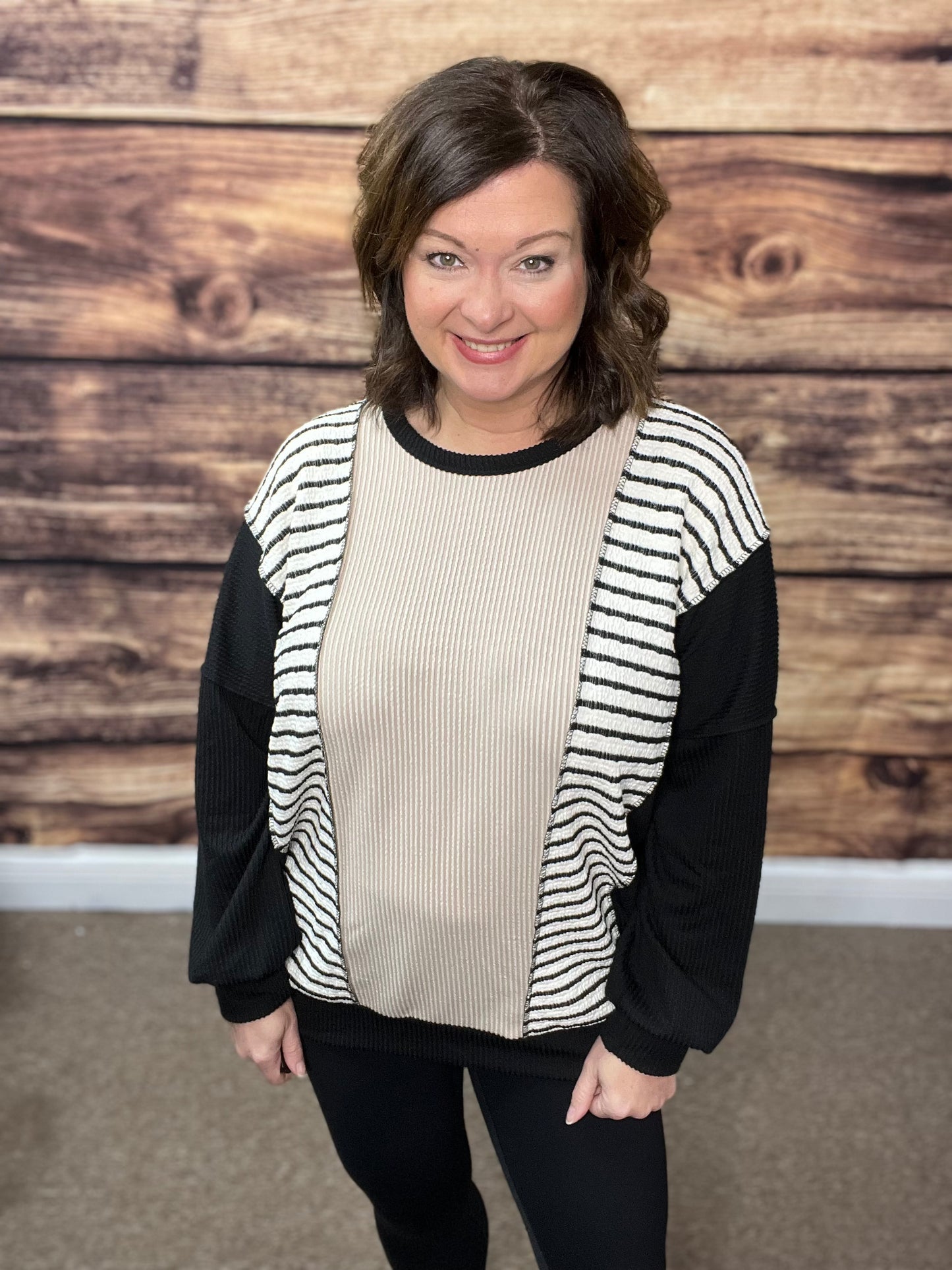 Ribbed Striped Detail Top, Black