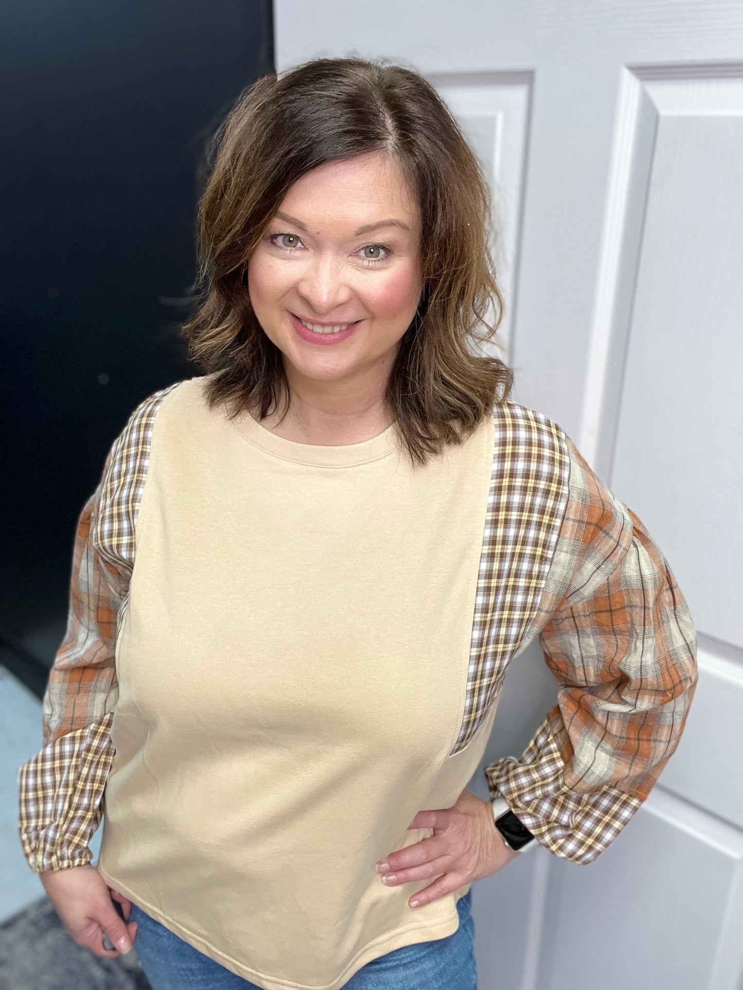 Solid Top with Contrast Plaid Print Sleeves, Oatmeal/Rust