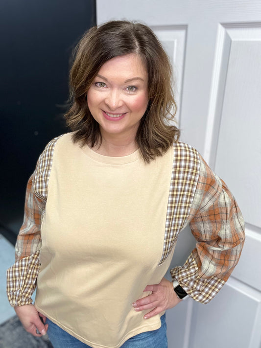 Solid Top with Contrast Plaid Print Sleeves, Oatmeal/Rust